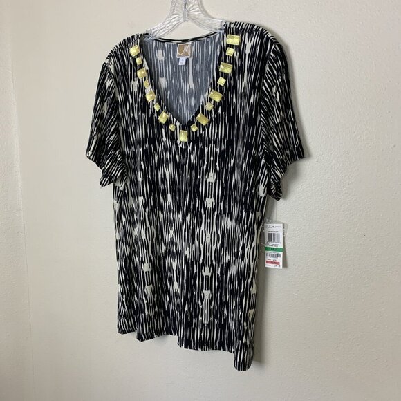 JM Collecion Womens L Short Sleeve Blouse NEW Top Beaded Slinky Tribal Spring - Picture 4 of 14